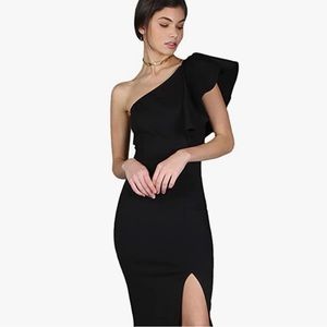 One Shoulder Blue Sleeveless Ruffle Hem Split Cocktail Party Dress/ Large